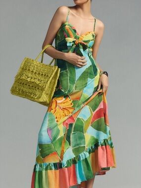 Farm Rio Printed Tropical Leaf Tie-Front Maxi Dress Size S